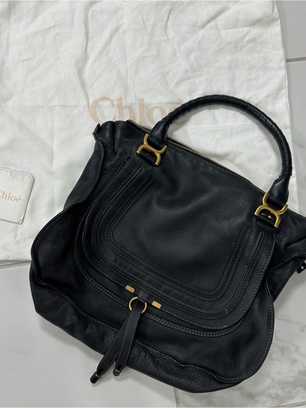 Large Chloe Marcie bag, Black Leather Tote Bag with Gold Hardware